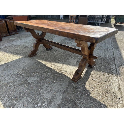 155 - A large thick oak x frame refectory table 208x80x77