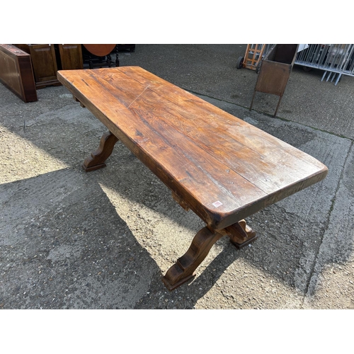 155 - A large thick oak x frame refectory table 208x80x77