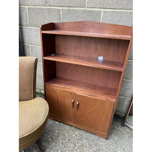 176 - Teak bookcase, retro chair and mirror