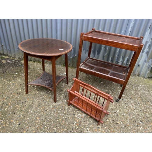 21 - Mahogany occasional table, oak trolley and a magazine rack