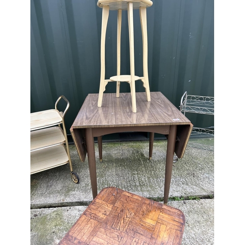 262 - Retro kitchen table, two retro trollies, plant stand and a table