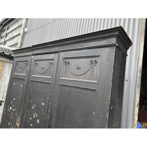 45 - A very large french pine three door house keepers cuoboard (painted black)   218x35x228
