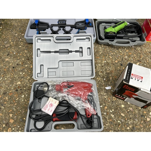 59 - Three cased tool sets, palm sander and mitre saw