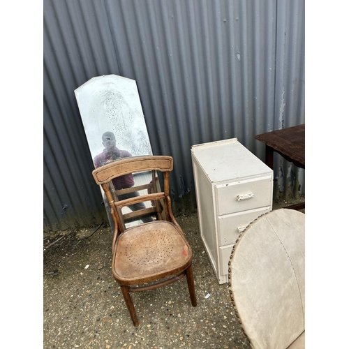 70 - Two chairs, oak chair, painted chest of three and a mirror