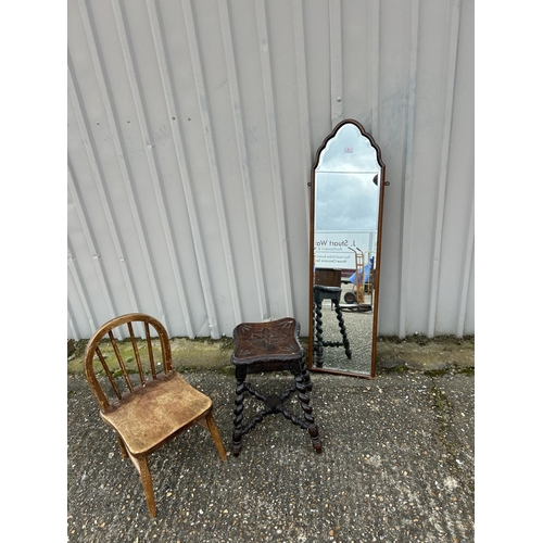 9 - A carved stool, child's chair and Queen Anne style  mirror
