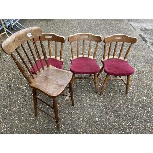 95 - Three pine chairs and a high stool