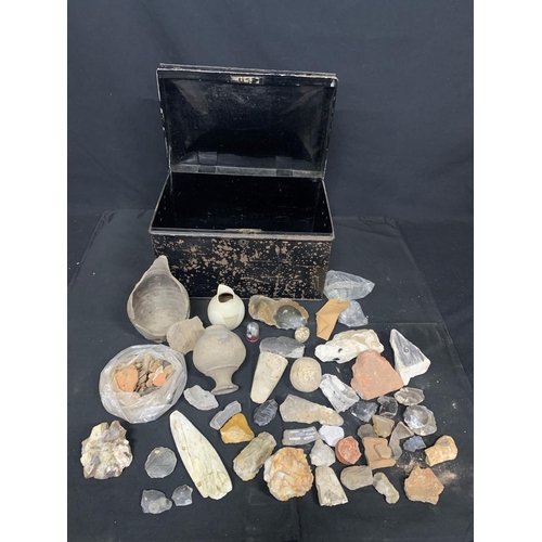 512 - Collection of specimen stones, pottery and tin box