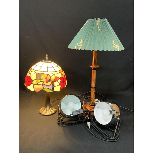 707 - Tiffany lamp, table lamp and pair chrome eyeball lamps