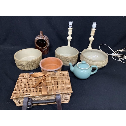 777 - Four planters, basket, Denby Teapot, Salt Jar, two lamp bases