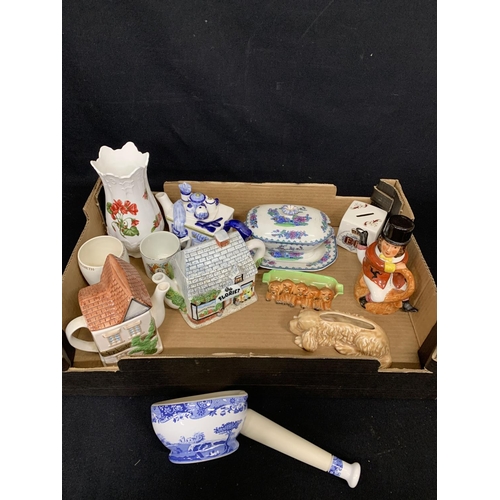 788 - Tray of decorative china including Beswick puppy Ashtray, Spode Italian Pestle & Mortar and Sylvac d... 