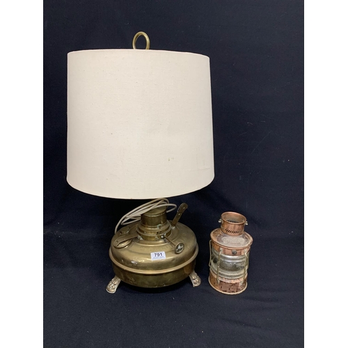 791 - Converted brass table lamp height 70 cms and part copper Ankerlicht