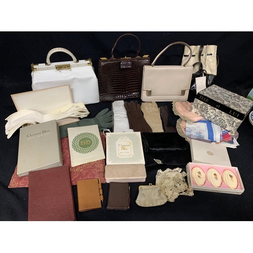 808 - Vintage handbags,3 pair Christian Dior tights and accessories and packaging