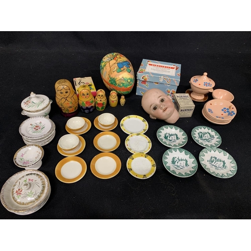 813 - German Bisque Doll Head 'Mon tresor',  Russian Doll, egg, toy box and small china