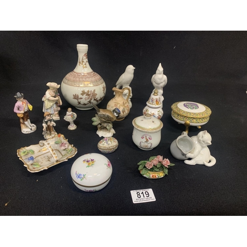 819 - Selection of decorative porcelain items including Rosenthal bird, Armorial cup & Lid, Meissen Box & ... 