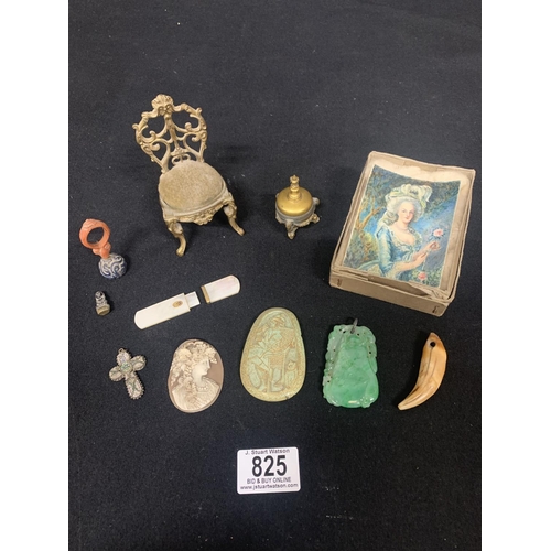 825 - Miniature gilt brass pin cushion chair, jade pendant and other items