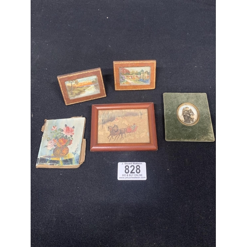 828 - Two miniature leather framed needlework pictures (6.5 x 4.5 cms), frames marked to reverse Walter Jo... 