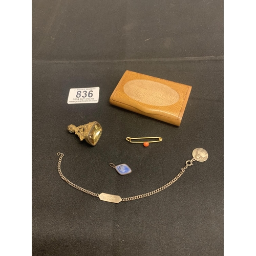 836 - A gilt metal pendant seal, coral brooch and ID Bracelet