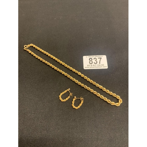 837 - Hallmarked 9ct Gold Rope Chain, length 36 cms and pair of matching earrings, total weight 11.5 gms