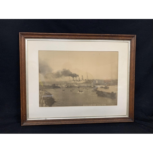 1044 - Framed print of O T S S Mauretania, Leaving the Tyne, 82 x 65