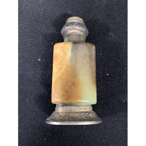 826 - Jewelled agate Scent Bottle, length 7.5 cms, 3 other Stone Scent Bottles and two Specimen stones