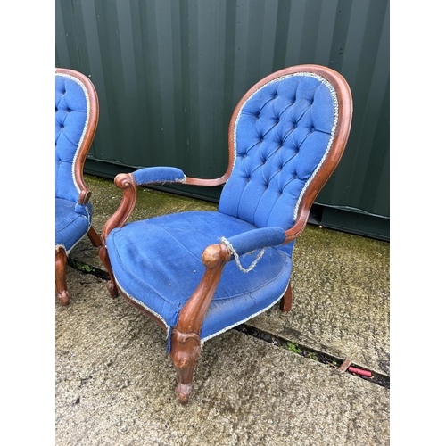 280K - A ladies and gents pair of blue upholstered spoon back salon chairs