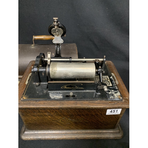 451 - Edison phonograph with horn and support stand and collection of Edison Bell Gold records cylinders