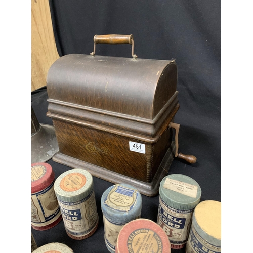 451 - Edison phonograph with horn and support stand and collection of Edison Bell Gold records cylinders