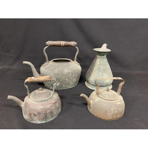 454 - 3 antique copper kettles and copper jug