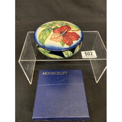 502 - Boxed Moorcroft Sineon Trinket Box, diameter 13cms