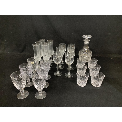 527 - Heavy cut glass decanter, 6 cut glass whisky tumblers, 3 sets of 6 drinking glasses