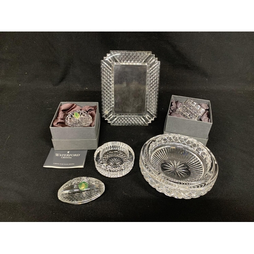 529 - Waterford Crystal;-  Large and small Ashtrays, glass frame, 2 boxed Paperweights and Welsh Crystal r... 