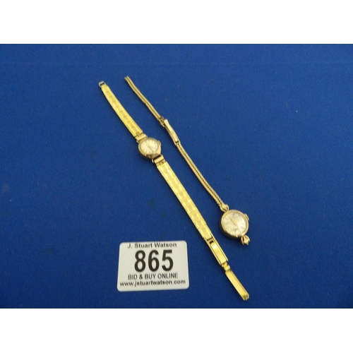 865 - Ladies 9ct Gold Tissot Watch on 9ct Gold strap (broken), gross weight 13.9 gms and Ladies 9ct Gold A... 