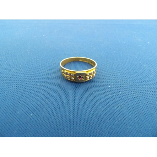 870 - Hallmarked Victorian 15ct Gold Ruby & Pearl Ring, Size W, weight 4.2 gms