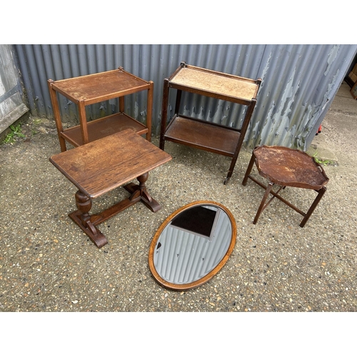 12 - Two oak trollies, two oak tables and oak mirror