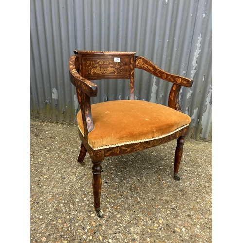 126 - A Dutch style inlaid bow chair chair with gold upholstered seat