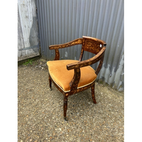 126 - A Dutch style inlaid bow chair chair with gold upholstered seat