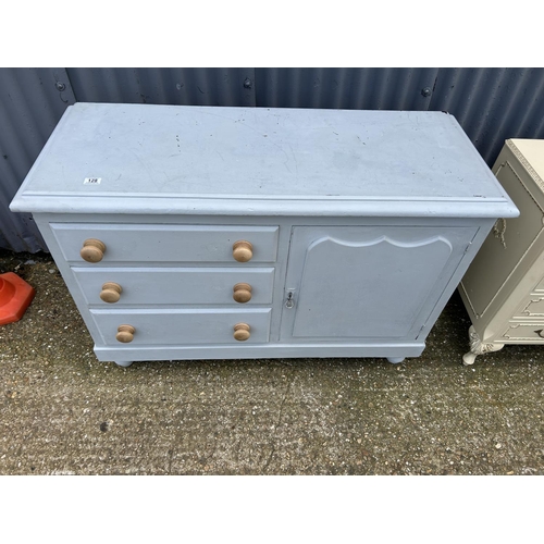 128 - A grey painted pine three drawer farmhouse sideboard 123x48x82