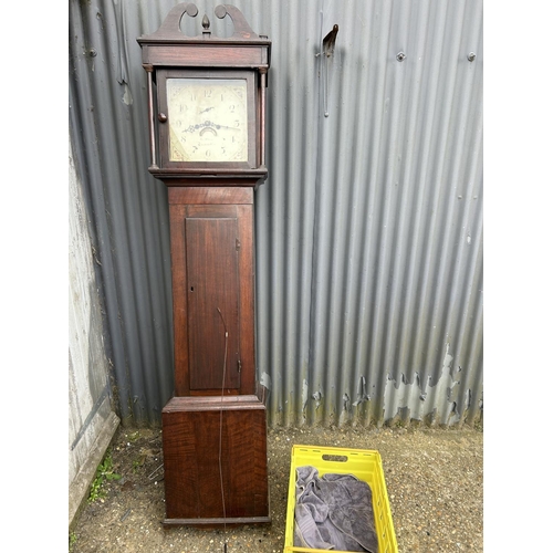 144 - A mahogany cased long-case clock  by LEOMINSTER maker, with 2 weights and pendulum