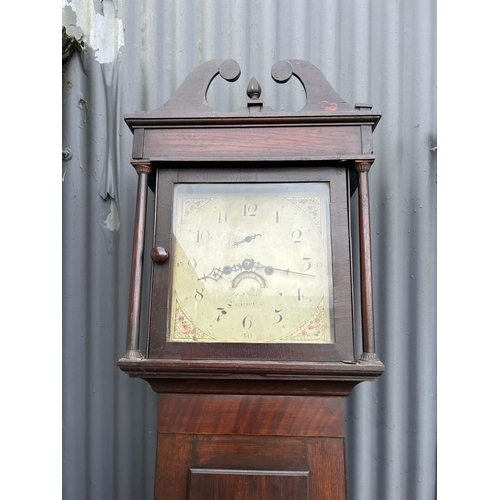 144 - A mahogany cased long-case clock  by LEOMINSTER maker, with 2 weights and pendulum