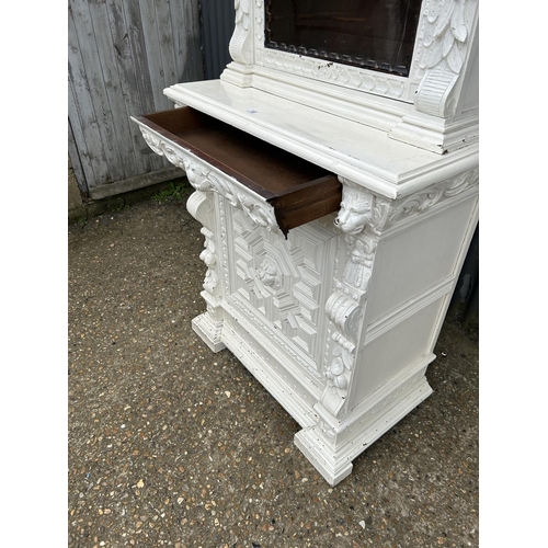 156 - A Dutch style carved oak glazed bookcase over cupboard painted white 90x50x225