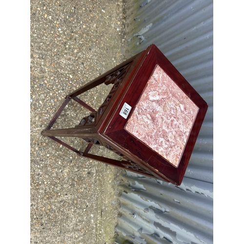 169 - A oriental hardwood plant stand with marble top 33x33x90