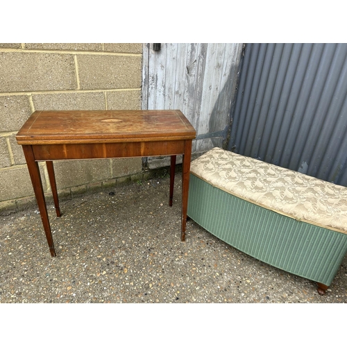 170 - A yew hall table, a green loom ottoman and a pine carver chair