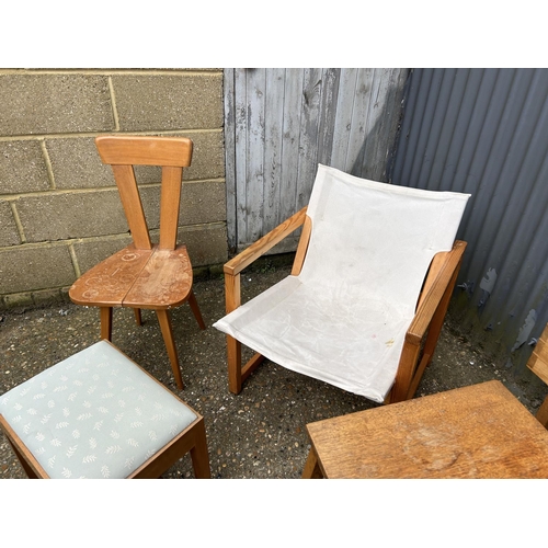 19 - A pine armchair, another chair, two side tables, folding stool and a window planter