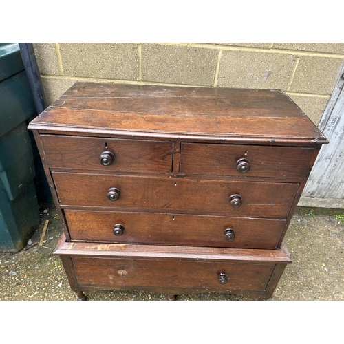 196 - An antique oak chest of five drawers (2 sections)  107x50x145