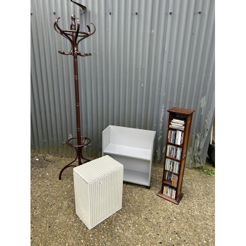 218 - Lloyd loom box, coat stand, cd rack and book rack