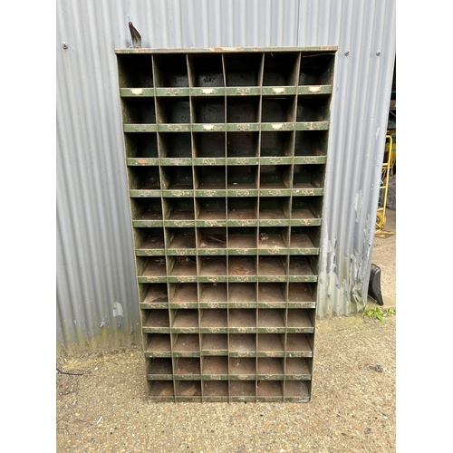 229 - A vintage green painted metal bank of pigeon holes / workshop storage  92x33x184