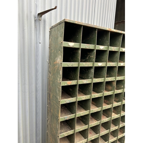 229 - A vintage green painted metal bank of pigeon holes / workshop storage  92x33x184