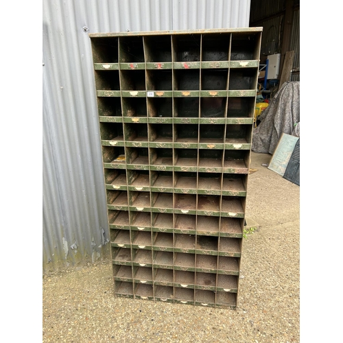 230 - A vintage green painted metal bank of pigeon holes / workshop storage  92x33x185