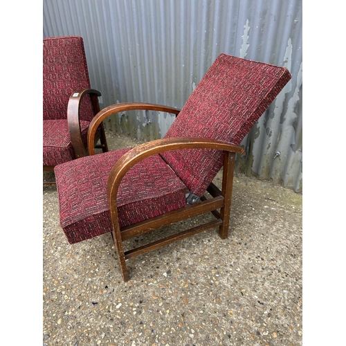 240 - A pair of deco oak decking easy chairs with red upholstered cushion seats