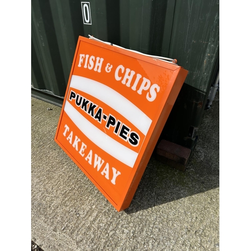 285 - An illuminated PUKKA PIES fish and chip sign 67x67